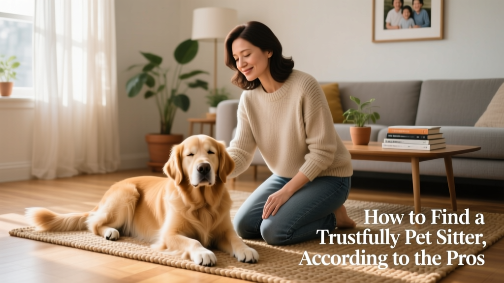 A calm, confident pet sitter kneeling beside a relaxed golden retriever in a sunlit living room