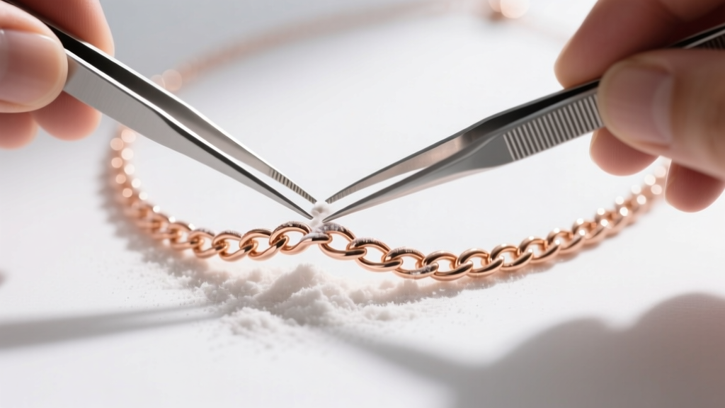 Overhead view of hands using tweezers to separate a delicate rose gold herringbone necklace knot dusted with talcum powder.