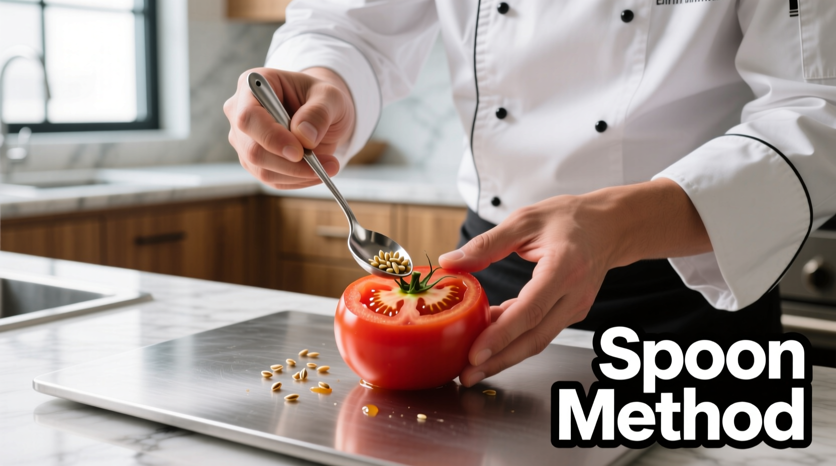 Chef demonstrating spoon method for seeding tomatoes
