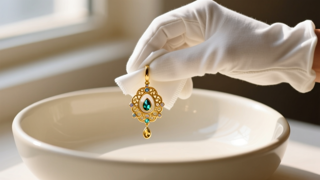 Hands wearing white cotton gloves gently wiping a gold moti drop earring with a damp microfiber cloth over a ceramic basin