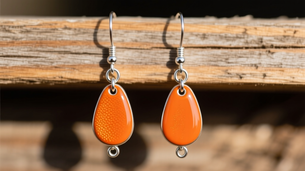 Vibrant upcycled fishing lure earrings with orange enamel dangling from sterling silver hooks against a rustic wooden background.