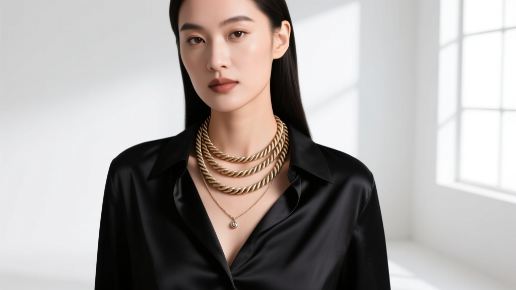 Woman wearing a layered thick and thin necklace set over a black silk blouse, featuring an 8mm rope chain and 2mm pendant chain.