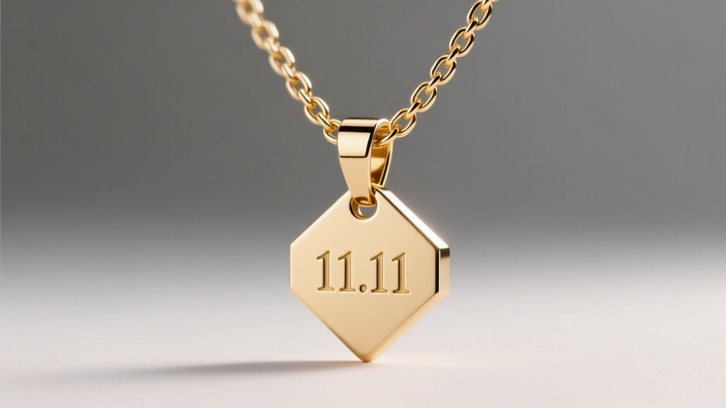 Detailed view of a 1.2mm gold box chain passing through a hidden bail on an 11 11 pendant, illuminated by bright studio lights.
