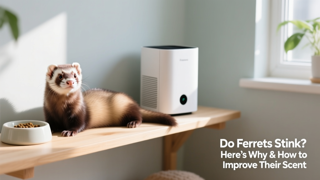 Ferret sitting comfortably on a clean, well-ventilated shelf beside a small air purifier and tidy food dish