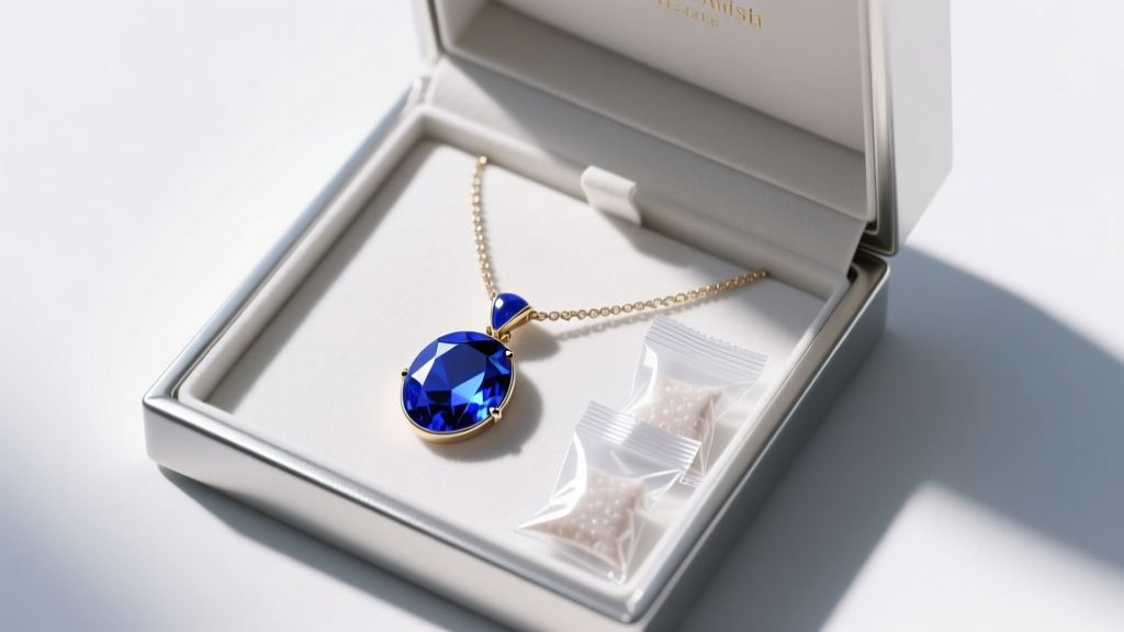 Open anti-tarnish jewelry box revealing a lapis lazuli pendant necklace nestled inside alongside small silica gel packets top view