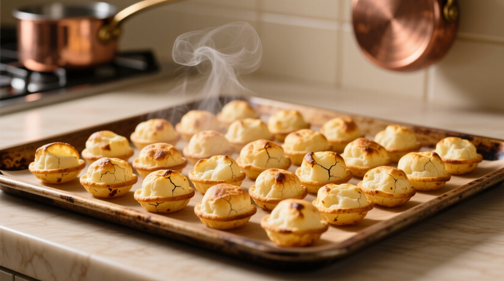 Golden brown Alexia potato puffs arranged on baking sheet