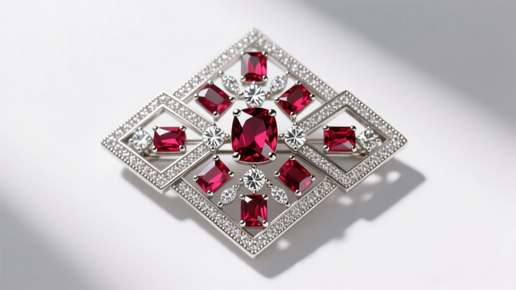 Top view of an Art Deco brooch with calibré-cut synthetic rubies and natural diamonds set in geometric platinum milgrain channels