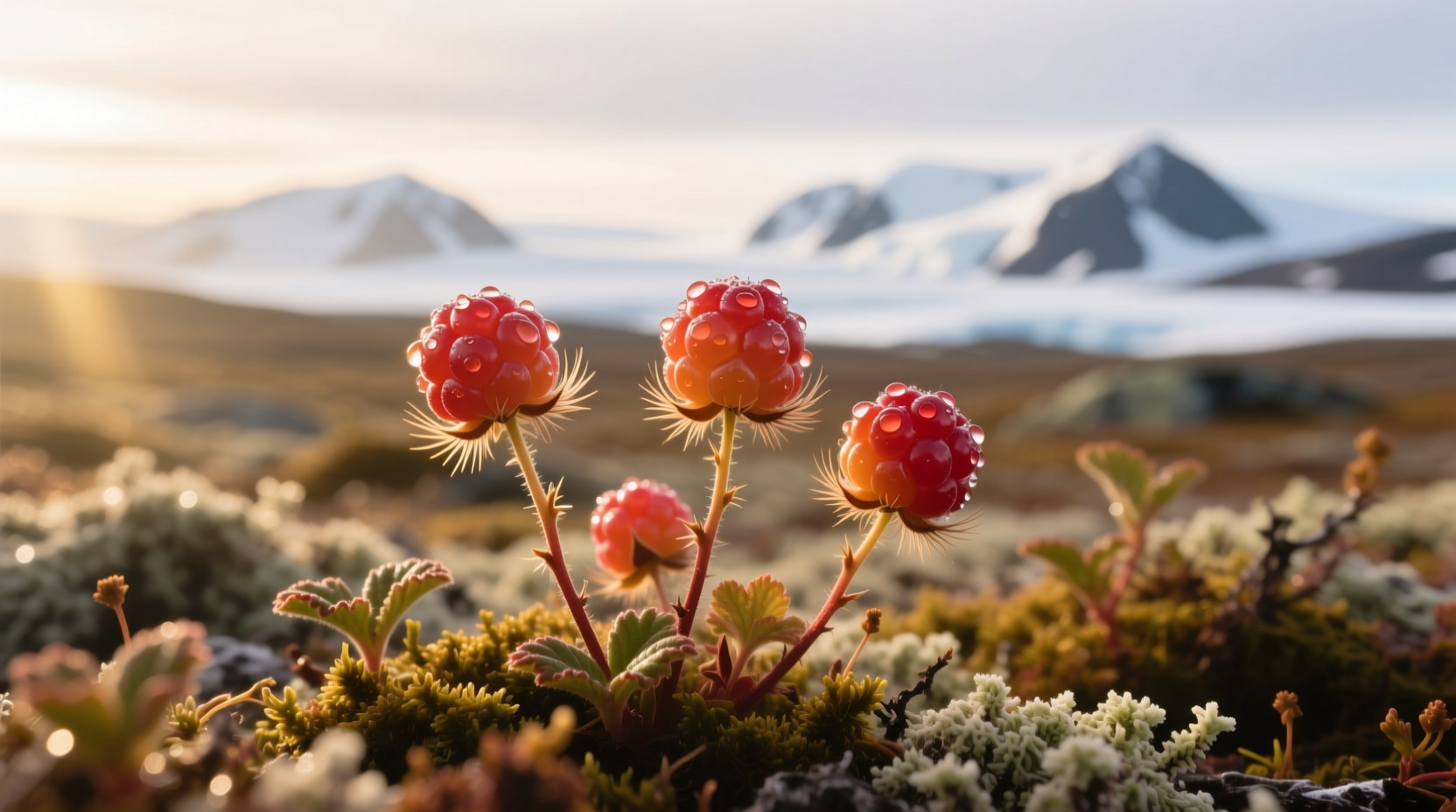 Ripe cloudberries on their stem in natural habitat