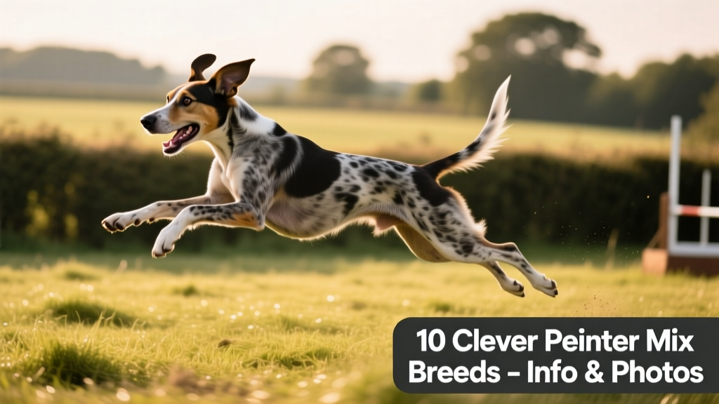 A happy, medium-sized Pointer mix leaping mid-air during a field trial, showcasing athleticism and focus
