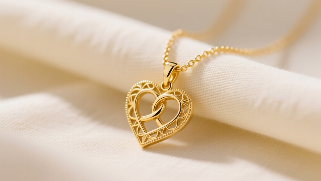 Close-up of a delicate 14k yellow gold granddaughter necklace with an interlocking hearts pendant on soft cream linen fabric.