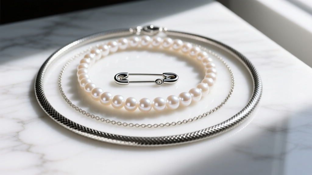 Layered necklace stack with a tiny silver safety pin pendant, pearl choker, and 20-inch snake chain on a white marble surface.