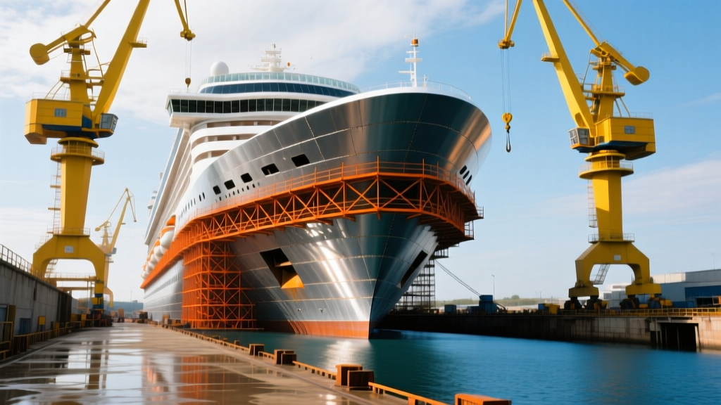 Massive cruise liner hull under construction in a European dry dock with towering yellow gantry cranes and bright orange steel scaffolding