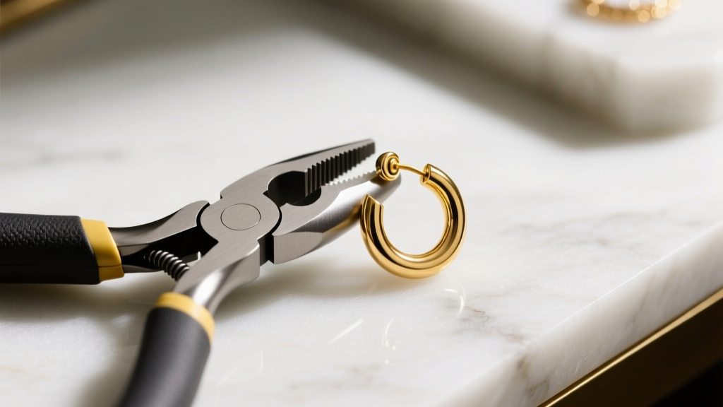 Nylon pliers gripping a bent 16g gold huggie post, top-down view on a modern jeweler workbench with soft overhead lighting.