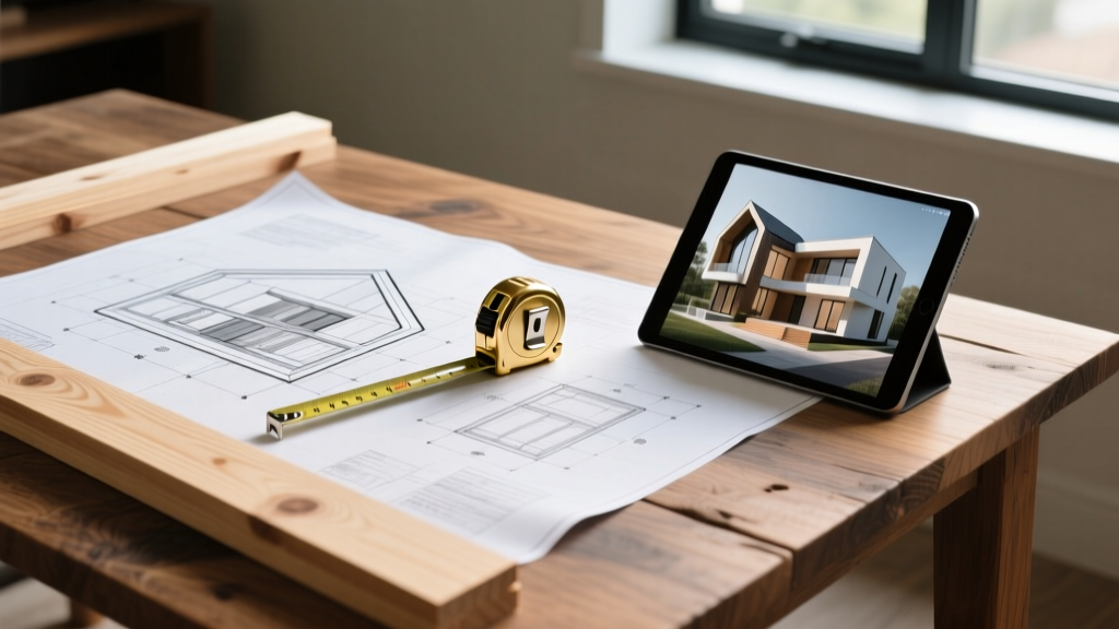 Architectural blueprints on a wooden table next to a brass tape measure, framing lumber, and a tablet displaying 3D custom home renders
