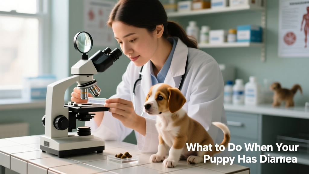 Close-up of a veterinarian examining a puppy's stool sample under a microscope