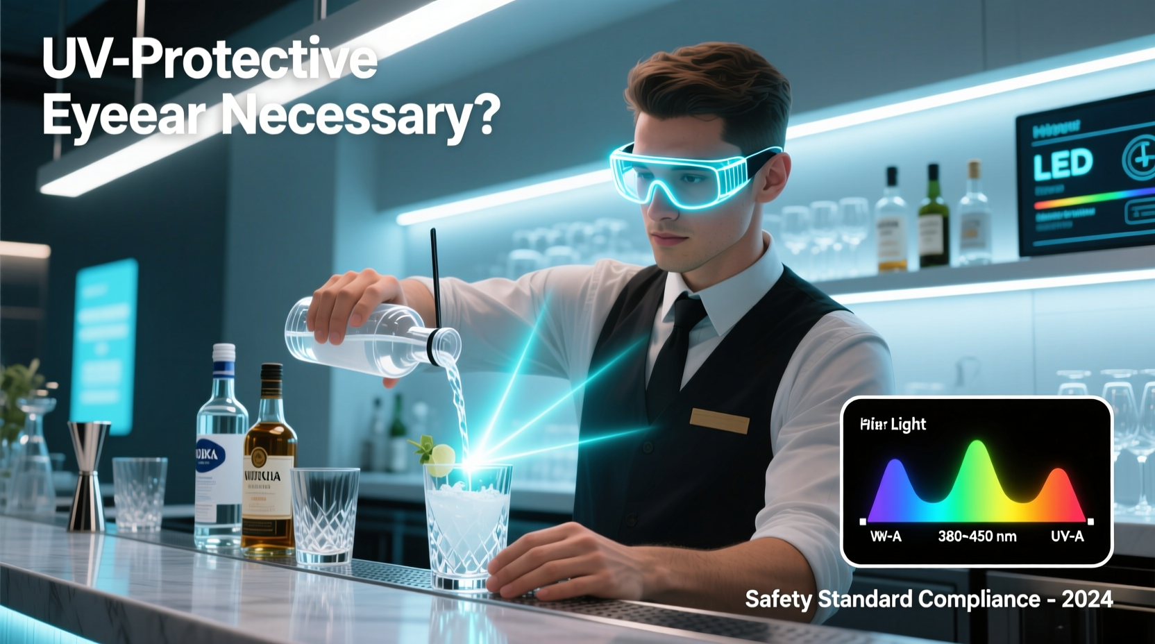 is wearing UV-protective eyewear necessary when working with clear spirits under LED bar lights