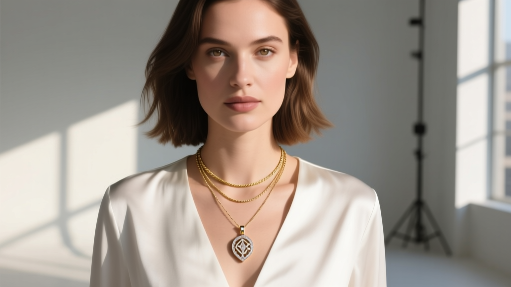 Woman wearing a layered stack featuring the Avery pendant at 18 inches paired with a 16-inch delicate gold cable chain