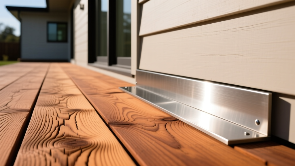 Close-up of western red cedar decking boards with tight grain next to a stainless steel ledger on a modern home exterior