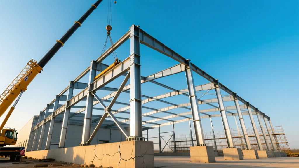 Massive pre-engineered steel warehouse frame being erected by crane against a clear sky with concrete foundation pads visible.