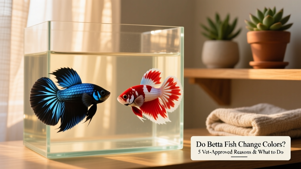 Two marbled bettas showing distinct color patterns — one with blue-and-black swirls, another with red-and-cream patches