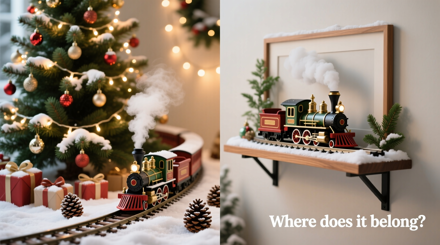 christmas train set under tree vs wall shelf display where does it look best