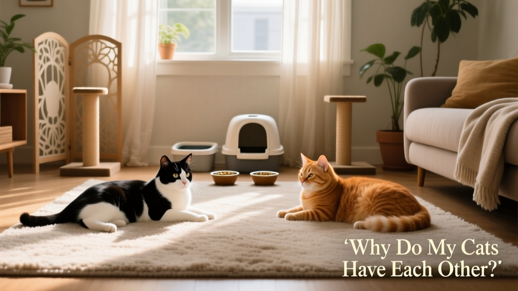 Two cats calmly resting in the same room but at a comfortable distance, with visible resources nearby