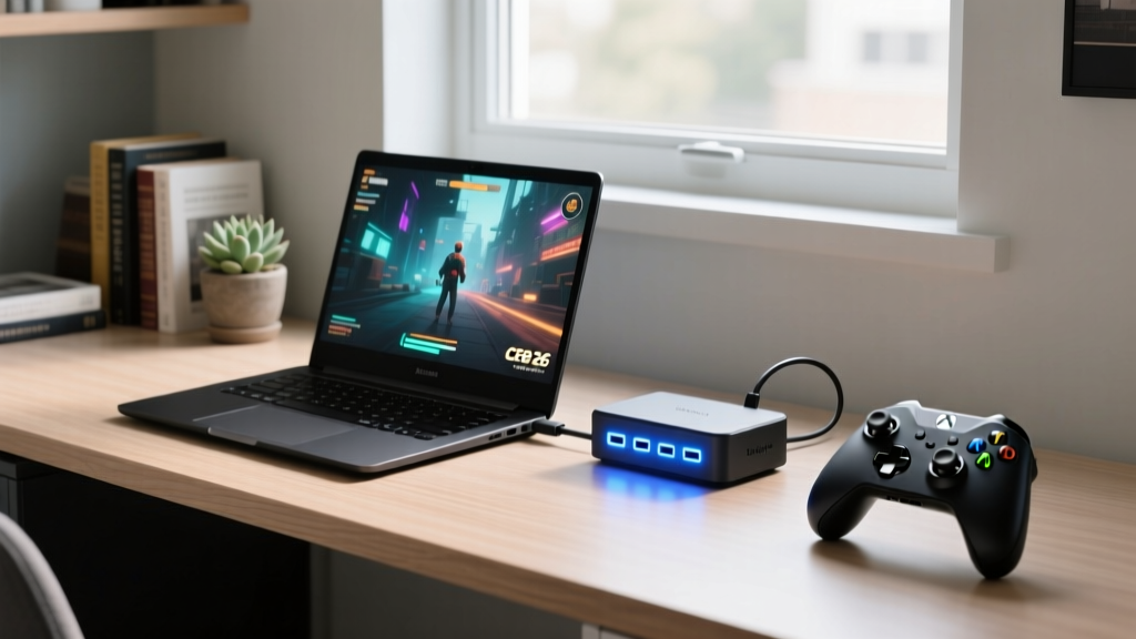 A modern dorm room desk setup featuring a budget gaming laptop, a glowing 10-in-1 USB-C docking station, and an Xbox wireless controller ready for CFB 26