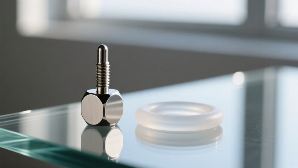 Close-up of a titanium flat back labret stud with an internally threaded 16-gauge post resting next to a silicone O-ring on glass