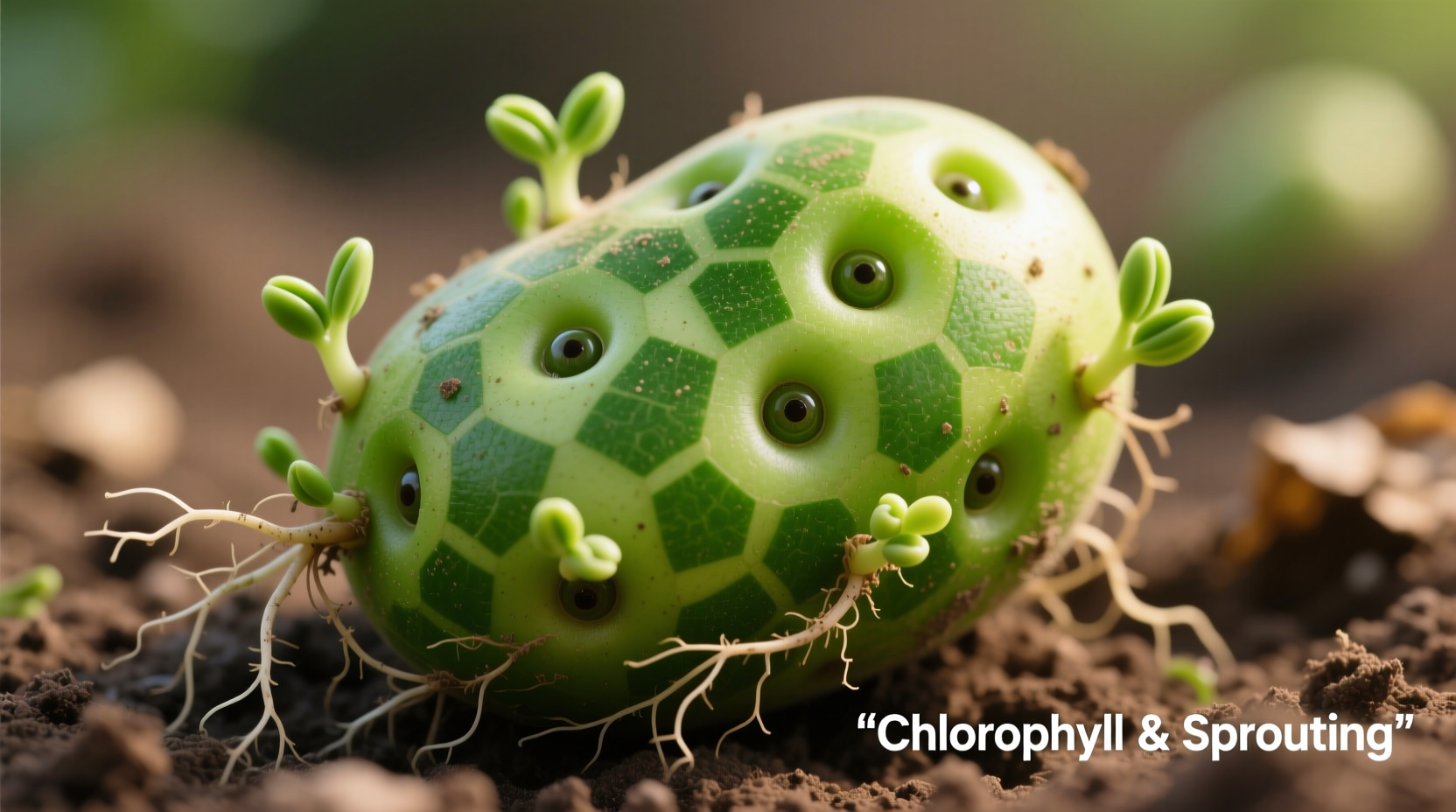 Green potato showing chlorophyll development and sprouting