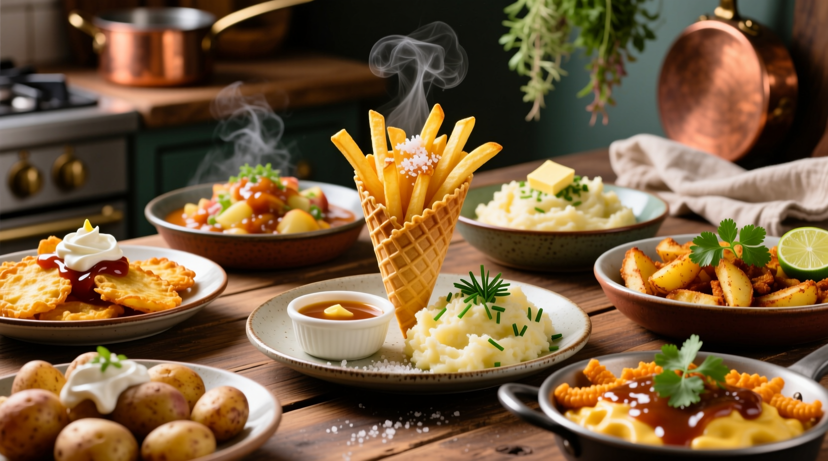 Colorful assortment of international potato dishes