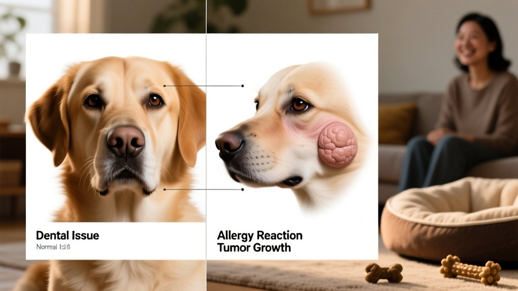 Comparison diagram showing normal canine facial structure versus common swelling patterns linked to dental issues, allergies, and tumors