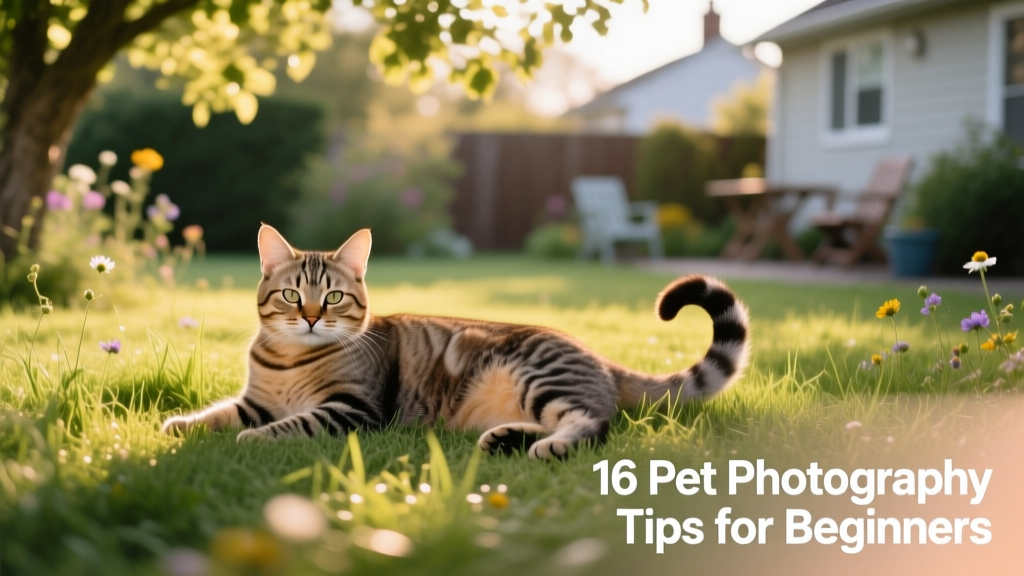 A relaxed tabby cat lying on sun-dappled grass, tail curled beside her