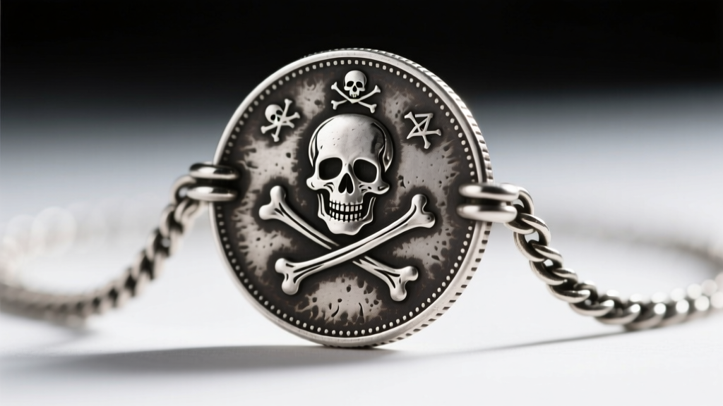 Macro shot of a sterling silver pirate coin showing dark patina in deep engravings, attached to an oxidized silver rolo chain