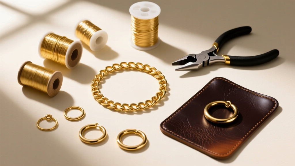 Flat lay of jewelry supplies including spools of 14k gold chain, brass jump rings, flush cutters, and a dark leather welding pad.