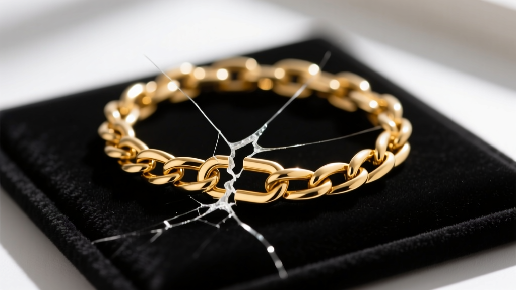 Macro photo of a snapped 18k gold figaro chain link showing a stress fracture point, resting on a dark velvet jewelry pad.