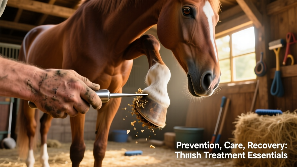 Hand holding a hoof pick cleaning debris from the central sulcus of a horse's hoof