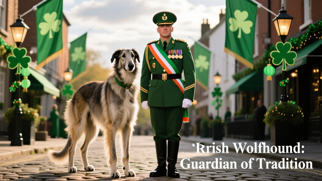 irish wolfhound posing with soldier for st. patrick's day parade