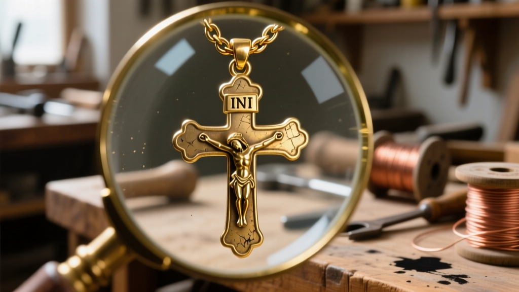 Macro loupe view of a worn gold bail on an INRI cross pendant showing chain friction marks against a blurred workshop backdrop.