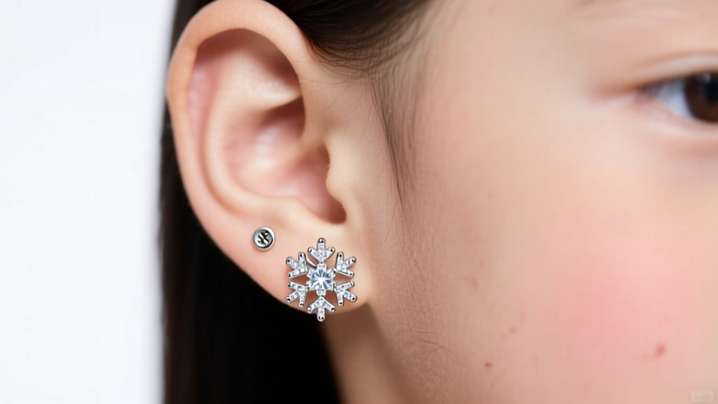 Close-up of a child ear wearing a sparkling snowflake titanium earring with a secure screw-back, soft studio lighting