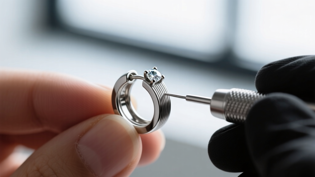 Piercer examining a titanium earring under bright light, highlighting the smooth internal threading and small gem.