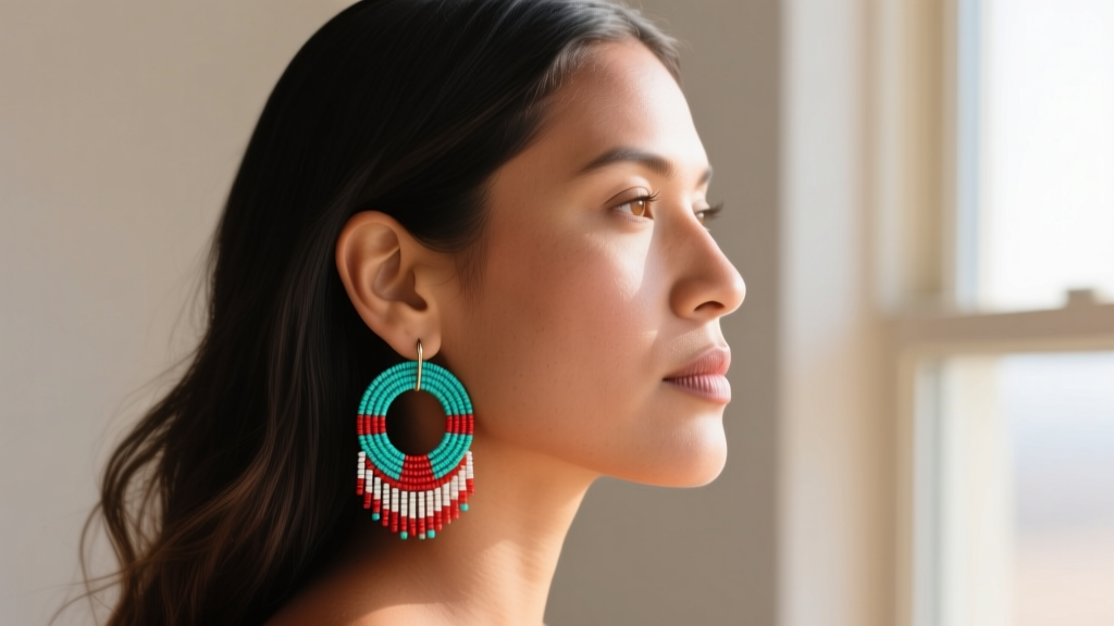 Side profile of a woman wearing lightweight Navajo seed bead hoop earrings, showing proper weight distribution on an earlobe.