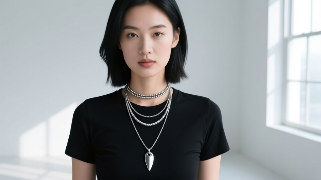 Model wearing a layered necklace stack with a silver rope chain, delicate choker, and metal plectrum pendant on a black tee.