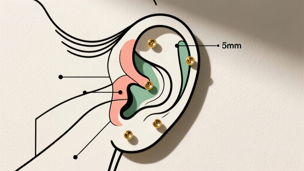 Ear map showing optimal 5mm stud placements across the lobe, tragus, and forward helix in an elegant minimalist line art style