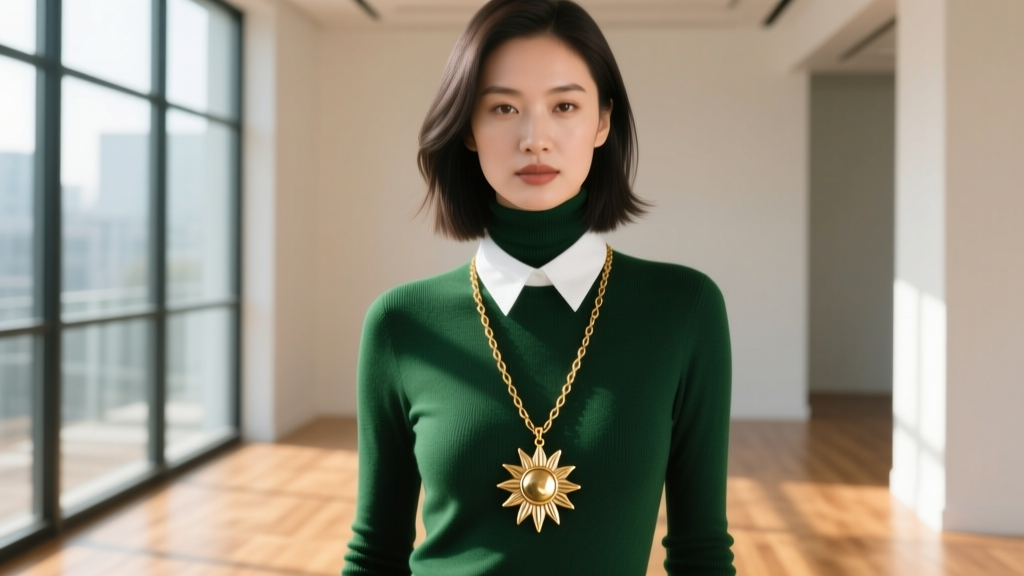 Woman in dark green turtleneck layered with a 30-inch gold-filled long boho necklace featuring a hammered sunburst metal pendant