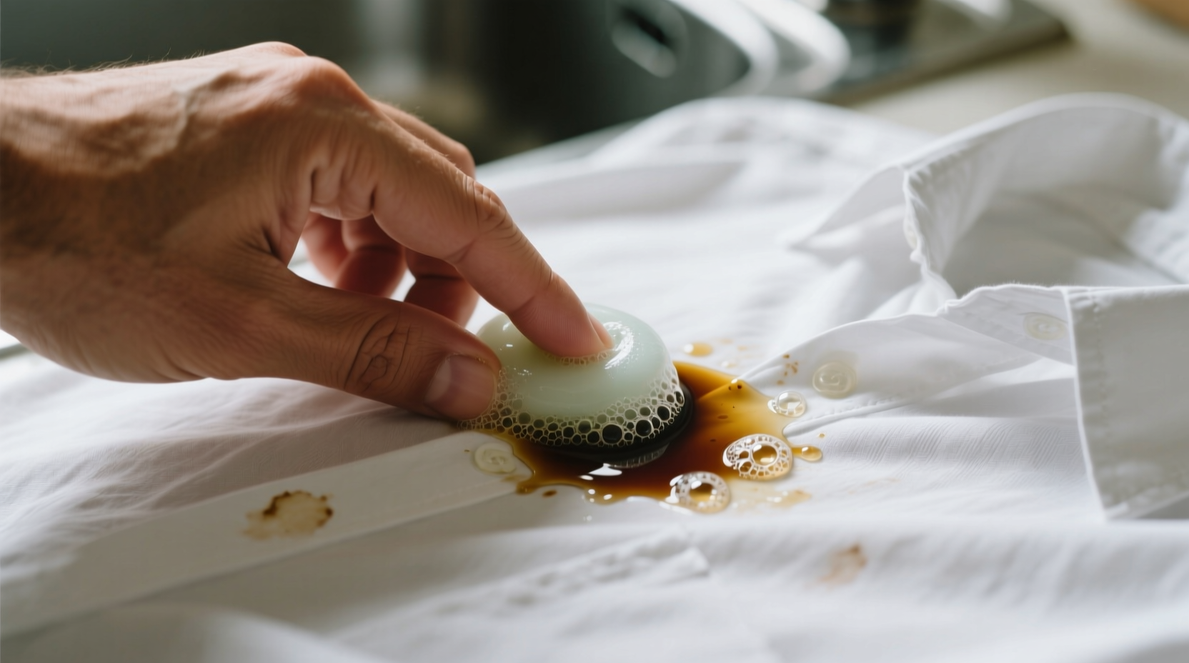 Hand applying dish soap to oil stain on white shirt