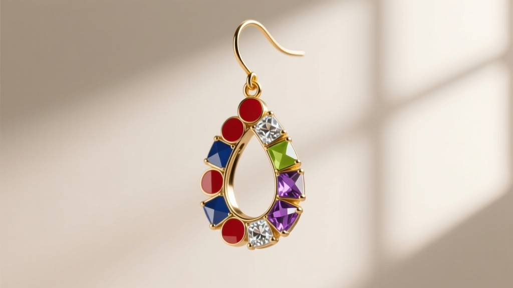 Side-profile of a drop earring featuring colorful enamel dots and faceted cubic zirconia stones catching a single beam of light.