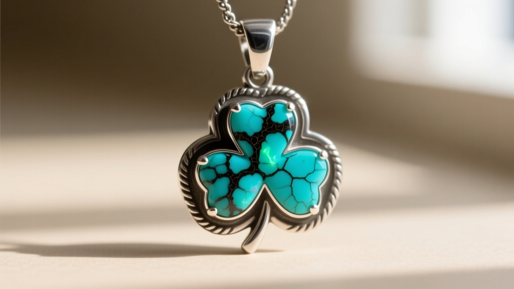 Macro shot of a turquoise clover pendant featuring a Kingman cabochon with dark webbing, set in an oxidized sterling silver bezel.
