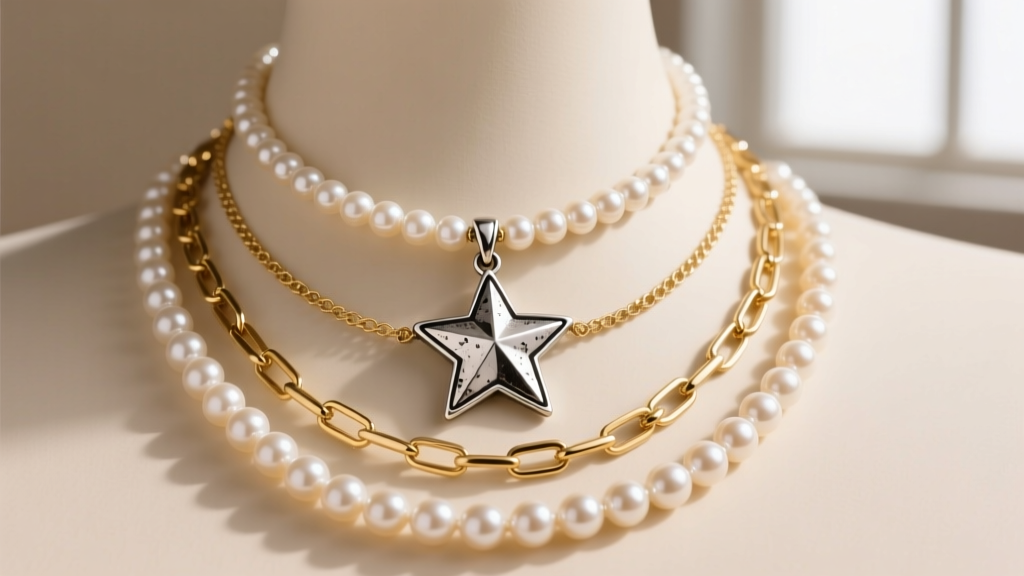 Layered necklace stack with a vintage Avon silver-tone star pendant mixed with modern gold chains and a delicate pearl choker.
