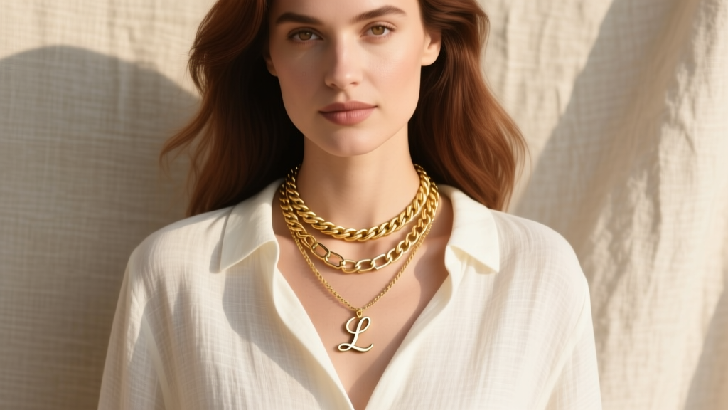 Woman wearing a layered 16-inch rope chain and 18-inch box chain with small cursive L pendants against a neutral linen blouse.
