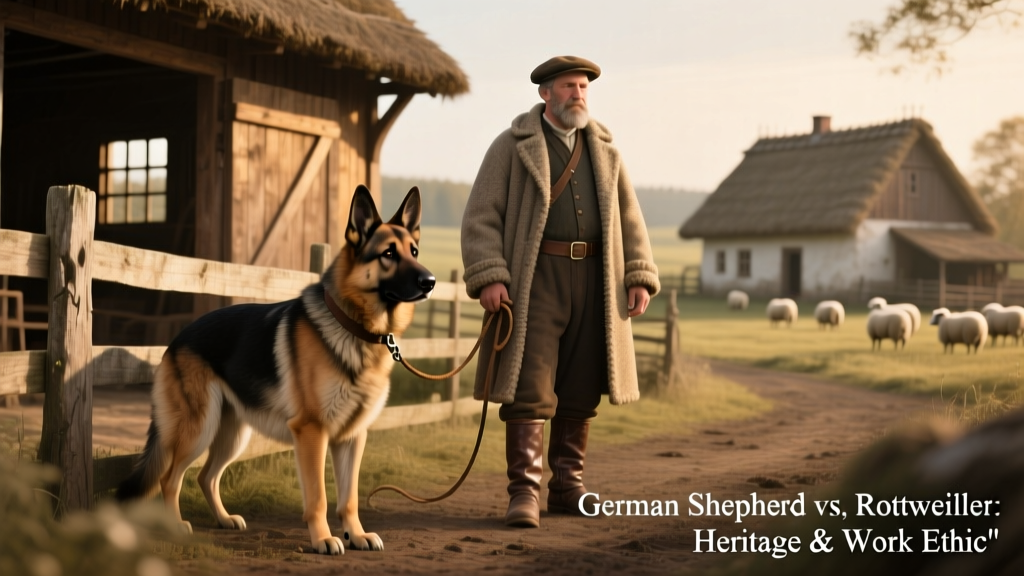 Historical illustration of a German Shepherd working alongside a shepherd in early 20th-century Germany